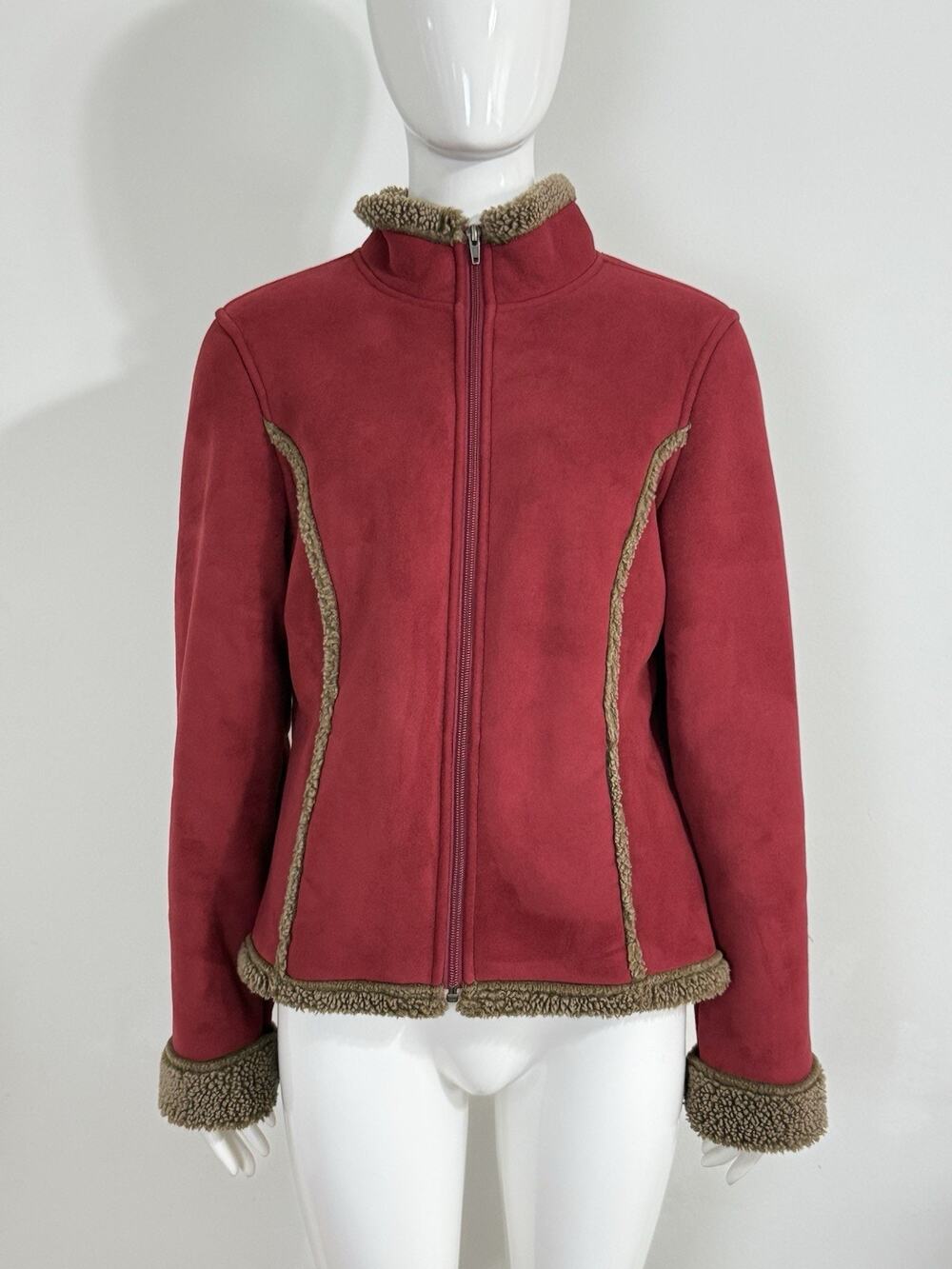 LL Bean Womens S Red Faux Suede Sherpa Lined Jacket Embroidered Fleece Zip Coat